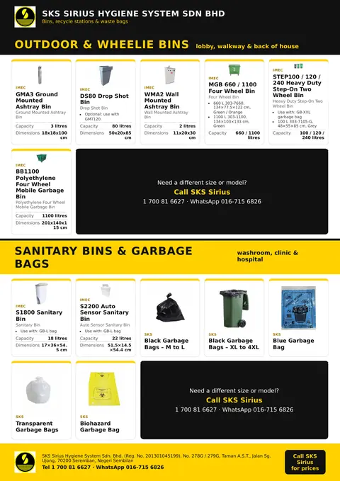 SKS flyer page: Bins & Waste: Outdoor & wheelie bins, sanitary bins & garbage bags