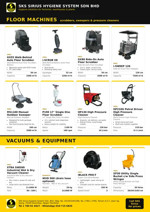 SKS flyer page: Factory & Industrial: Floor machines, vacuums & equipment