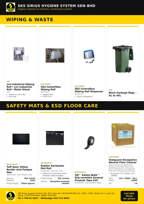 SKS flyer page: Factory & Industrial: Wiping, waste, safety mats & ESD floor care