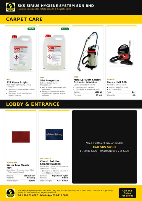 SKS flyer page: Hotel & Housekeeping: Carpet care, lobby & entrance