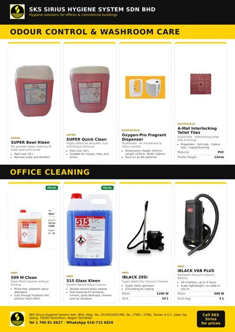 SKS flyer page: Office & Washroom: Odour control, washroom care & office cleaning