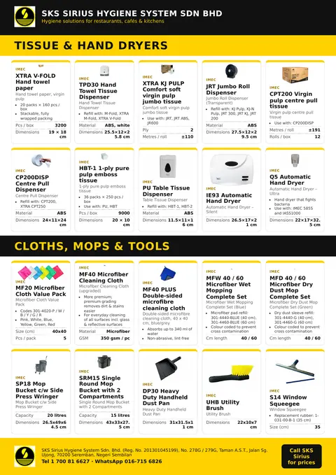 SKS flyer page: Restaurant: Tissue, hand dryers, cloths, mops & tools