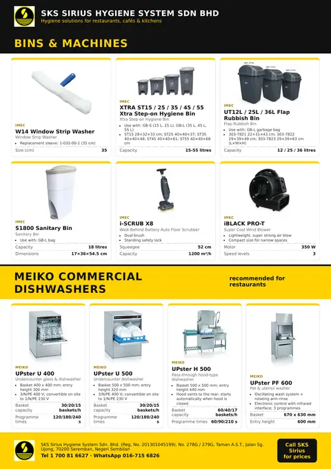 SKS flyer page: Restaurant: Bins, machines & MEIKO commercial dishwashers