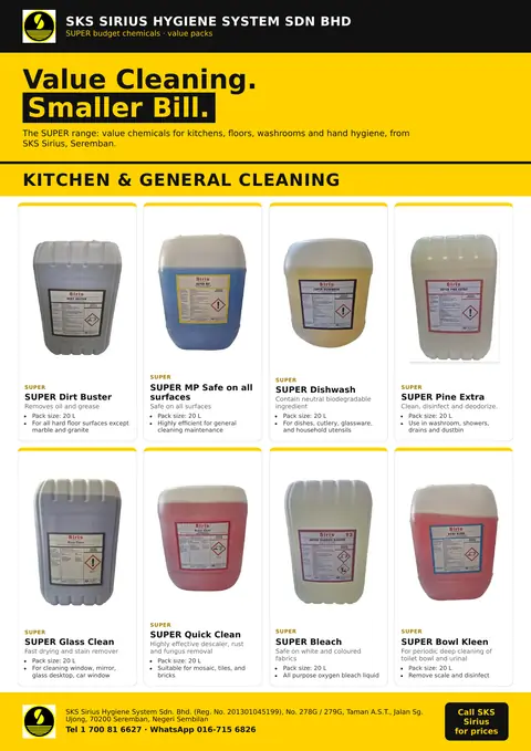 SKS flyer page: SUPER Budget Chemicals: Kitchen & general cleaning