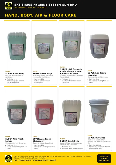 SKS flyer page: SUPER Budget Chemicals: Hand, body, air & floor care